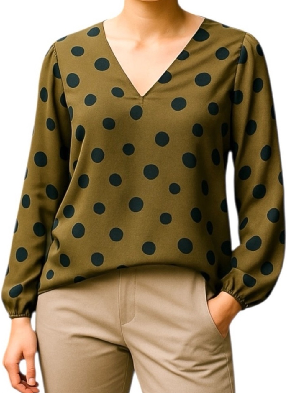G By Giuliana Olive Green Polka Dot Long Sleeve Shirt Size XS